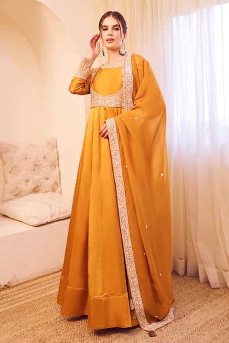 Swish By Dolcy And Simran Yellow Satin Silk Lining Shantoon Meherbaan Ditsy Blossom Anarkali Set 