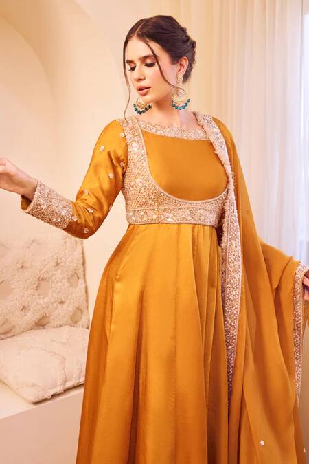Swish By Dolcy And Simran_Yellow Satin, Silk Cut Work, Sequins, Meherbaan Ditsy Blossom Anarkali Set_Online_at_Aza_Fashions