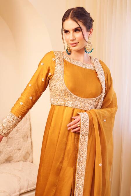 Shop_Swish By Dolcy And Simran_Yellow Satin, Silk Cut Work, Sequins, Meherbaan Ditsy Blossom Anarkali Set_Online_at_Aza_Fashions