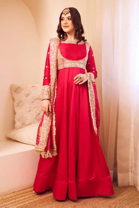 Swish By Dolcy And Simran Pink Satin Silk Lining Shantoon Embroidery Meherbaan Ditsy Flora Anarkali Set 