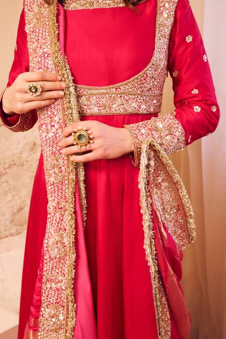 Buy_Swish By Dolcy And Simran_Pink Satin, Silk Sequins, Cut Work, Meherbaan Ditsy Flora Anarkali Set_Online_at_Aza_Fashions
