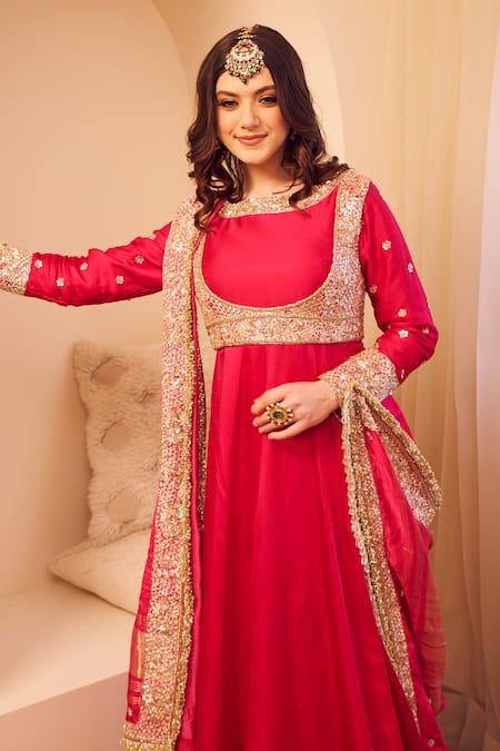 Shop_Swish By Dolcy And Simran_Pink Satin, Silk Sequins, Cut Work, Meherbaan Ditsy Flora Anarkali Set_Online_at_Aza_Fashions