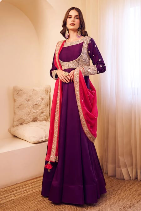 Swish By Dolcy And Simran Purple Satin Silk Lining Shantoon Meherbaan Bahar Flora Anarkali Set 