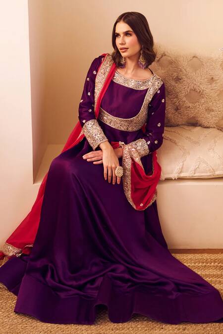 Swish By Dolcy And Simran_Purple Satin, Silk, Linen Sequins, Cut Work, Meherbaan Bahar Flora Anarkali Set_Online_at_Aza_Fashions