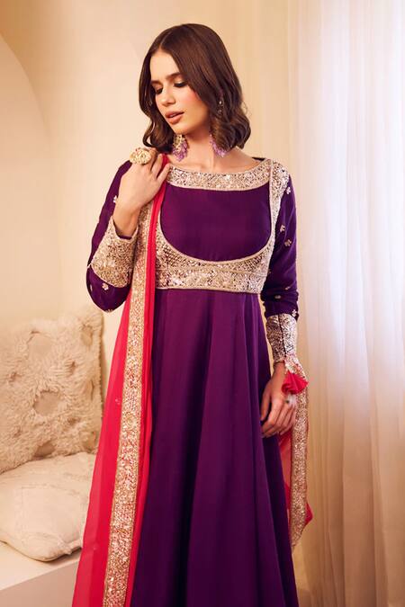 Buy_Swish By Dolcy And Simran_Purple Satin, Silk, Linen Sequins, Cut Work, Meherbaan Bahar Flora Anarkali Set_Online_at_Aza_Fashions