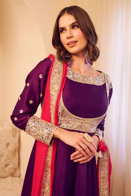Swish By Dolcy And Simran_Purple Satin, Silk, Linen Sequins, Cut Work, Meherbaan Bahar Flora Anarkali Set_at_Aza_Fashions
