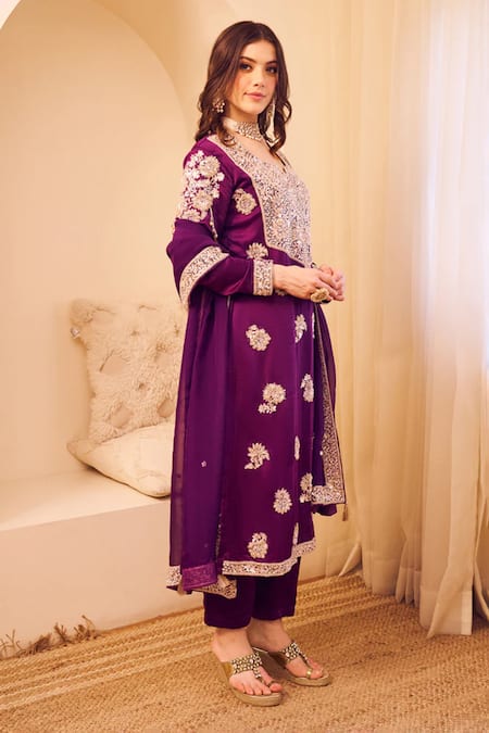 Swish By Dolcy And Simran Purple Satin Silk Embroidery Sequin Leaf Gehraaiyaan Mughal Gul Kurta Pant Set 