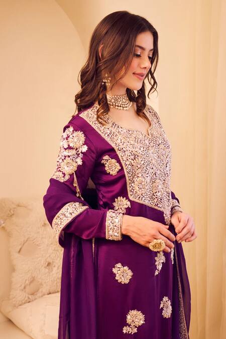 Swish By Dolcy And Simran Purple Satin, Silk, Organza Cut Work, Gehraaiyaan Mughal Gul Kurta Pant Set Online at Aza Fashions Swish By Dolcy And Simran_Purple Satin, Silk, Organza Cut Work, Gehraaiyaan Mughal Gul Kurta Pant Set _Online_at_Aza_Fashions