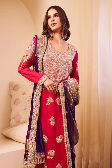 Swish By Dolcy And Simran Purple Satin Silk Embroidery Sequin Gehraaiyaan Mughal Blossom Kurta Pant Set 