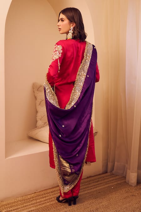 Shop Swish By Dolcy And Simran Purple Satin, Silk, Organza Cut Work, Gehraaiyaan Mughal Blossom Kurta Pant Set at Aza Fashions Shop_Swish By Dolcy And Simran_Purple Satin, Silk, Organza Cut Work, Gehraaiyaan Mughal Blossom Kurta Pant Set _at_Aza_Fashions