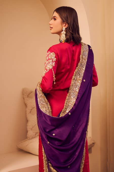 Swish By Dolcy And Simran Purple Satin, Silk, Organza Cut Work, Gehraaiyaan Mughal Blossom Kurta Pant Set at Aza Fashions Swish By Dolcy And Simran_Purple Satin, Silk, Organza Cut Work, Gehraaiyaan Mughal Blossom Kurta Pant Set _at_Aza_Fashions