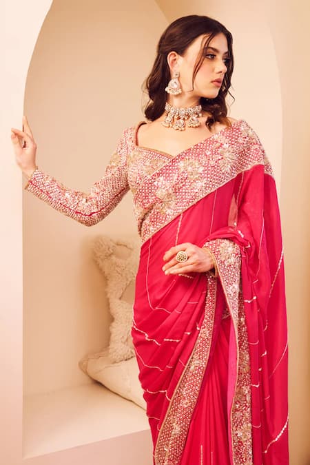 Swish By Dolcy And Simran_Pink Organza, Silk, Linen Sequins, Riyaaz Phool Jaal Border Saree With Blouse _Online_at_Aza_Fashions