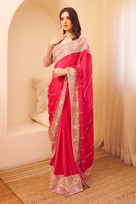 Buy_Swish By Dolcy And Simran_Pink Organza, Silk, Linen Sequins, Riyaaz Phool Jaal Border Saree With Blouse _Online_at_Aza_Fashions