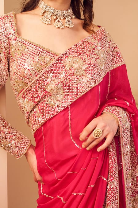 Shop_Swish By Dolcy And Simran_Pink Organza, Silk, Linen Sequins, Riyaaz Phool Jaal Border Saree With Blouse _Online_at_Aza_Fashions