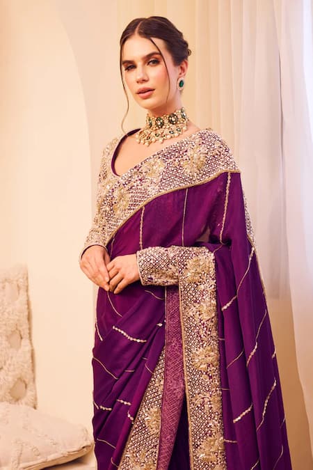 Swish By Dolcy And Simran_Purple Organza Sequins, Riyaaz Phool Bahar Border Embroidered Saree With Blouse _Online_at_Aza_Fashions