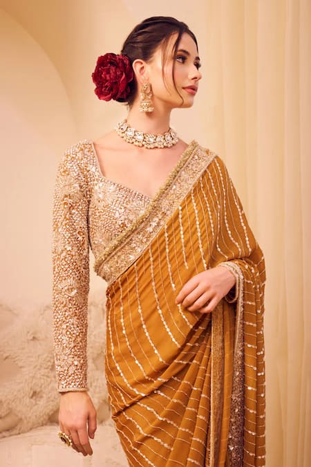 Swish By Dolcy And Simran Yellow Organza, Linen Riyaaz Phool Gul Border Embroidered Saree With Blouse Online at Aza Fashions Swish By Dolcy And Simran_Yellow Organza, Linen Riyaaz Phool Gul Border Embroidered Saree With Blouse _Online_at_Aza_Fashions