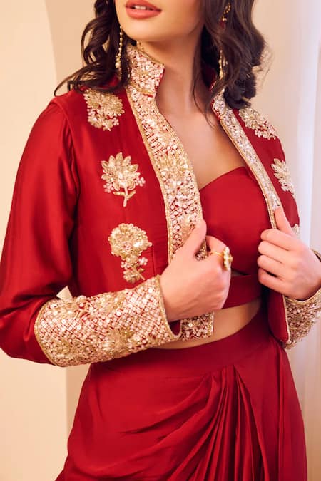 Swish By Dolcy And Simran_Maroon Satin, Silk, Linen Chaand Padma Embroidered Jacket Draped Dhoti Skirt Set _Online_at_Aza_Fashions