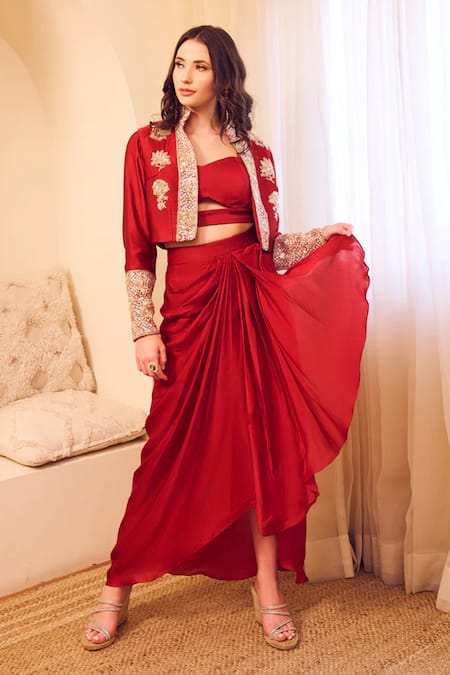 Buy_Swish By Dolcy And Simran_Maroon Satin, Silk, Linen Chaand Padma Embroidered Jacket Draped Dhoti Skirt Set _Online_at_Aza_Fashions