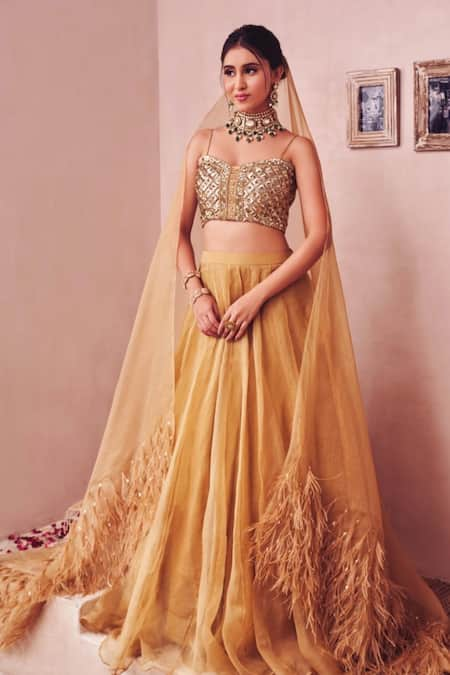 Swish By Dolcy And Simran Gold Kora Organza Lining Shantoon Embroidery Sequin Dreamy Kalidar Lehenga Set 