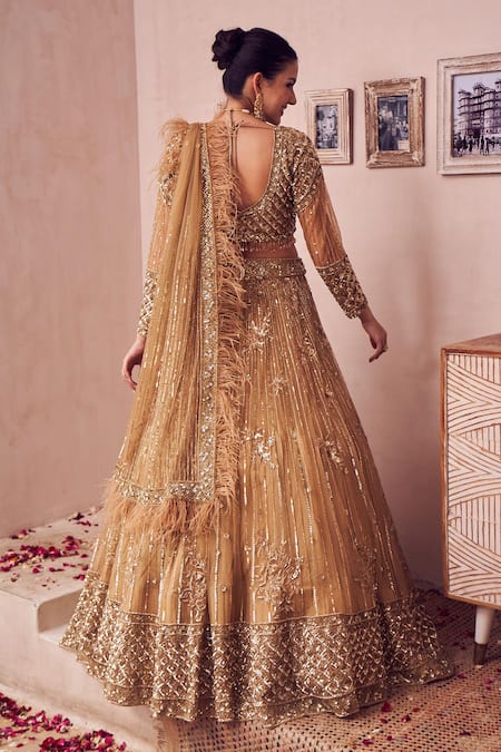 Shop Swish By Dolcy And Simran Gold Kota Doria, Organza Feathers, Sequins Sweetheart Dreamy Kalidar Lehenga Set at Aza Fashions Shop_Swish By Dolcy And Simran_Gold Kota Doria, Organza Feathers, Sequins Sweetheart Dreamy Kalidar Lehenga Set _at_Aza_Fashions