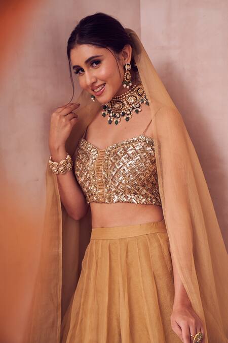 Swish By Dolcy And Simran Gold Kota Doria, Organza Feathers, Sequins Sweetheart Dreamy Kalidar Lehenga Set Online at Aza Fashions Swish By Dolcy And Simran_Gold Kota Doria, Organza Feathers, Sequins Sweetheart Dreamy Kalidar Lehenga Set _Online_at_Aza_Fashions