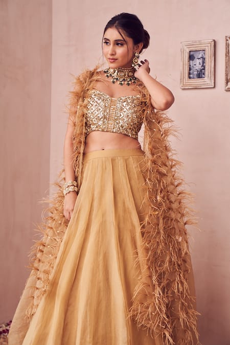 Buy Swish By Dolcy And Simran Gold Kota Doria, Organza Feathers, Sequins Sweetheart Dreamy Kalidar Lehenga Set Online at Aza Fashions Buy_Swish By Dolcy And Simran_Gold Kota Doria, Organza Feathers, Sequins Sweetheart Dreamy Kalidar Lehenga Set _Online_at_Aza_Fashions