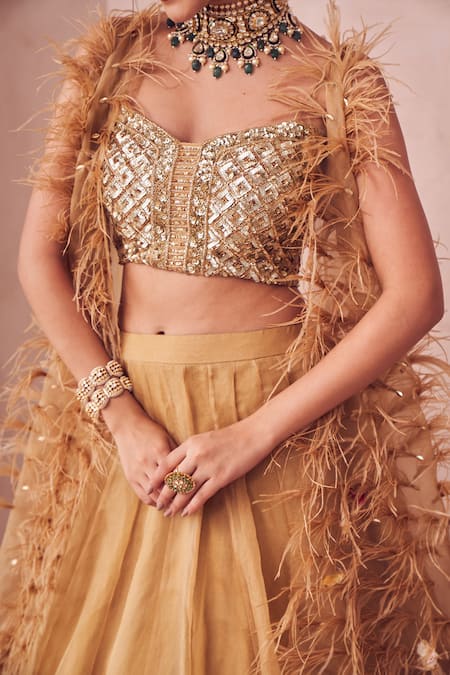 Shop Swish By Dolcy And Simran Gold Kota Doria, Organza Feathers, Sequins Sweetheart Dreamy Kalidar Lehenga Set Online at Aza Fashions Shop_Swish By Dolcy And Simran_Gold Kota Doria, Organza Feathers, Sequins Sweetheart Dreamy Kalidar Lehenga Set _Online_at_Aza_Fashions