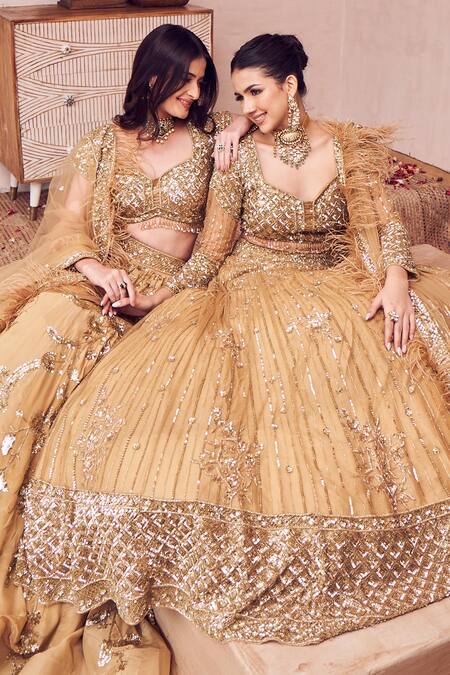 Swish By Dolcy And Simran Gold Kota Doria, Organza Feathers, Sequins Sweetheart Dreamy Kalidar Lehenga Set at Aza Fashions Swish By Dolcy And Simran_Gold Kota Doria, Organza Feathers, Sequins Sweetheart Dreamy Kalidar Lehenga Set _at_Aza_Fashions