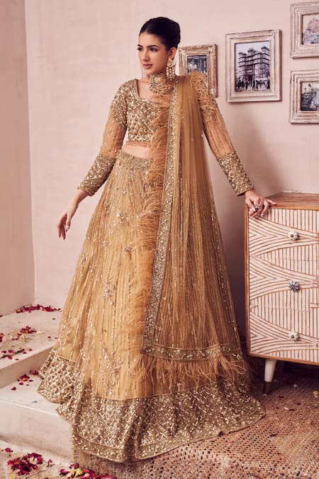 Swish By Dolcy And Simran Gold Net Lining Shantoon Embroidery Sequin Dripping Gul Bridal Lehenga Set 