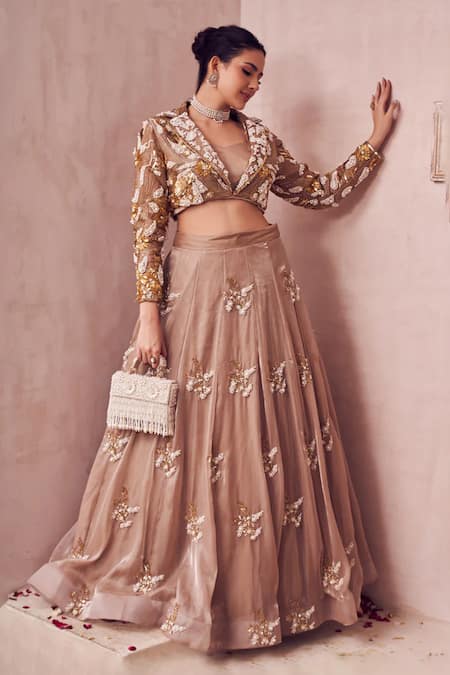 Swish By Dolcy And Simran Gold Glass Organza Lining Shantoon Embroidery Dreamscape Flora Lehenga Set 