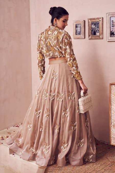 Shop Swish By Dolcy And Simran Gold Organza Pearls, Sequins, Cut Work, Dreamscape Flora Embroidered Lehenga Set at Aza Fashions Shop_Swish By Dolcy And Simran_Gold Organza Pearls, Sequins, Cut Work, Dreamscape Flora Embroidered Lehenga Set _at_Aza_Fashions