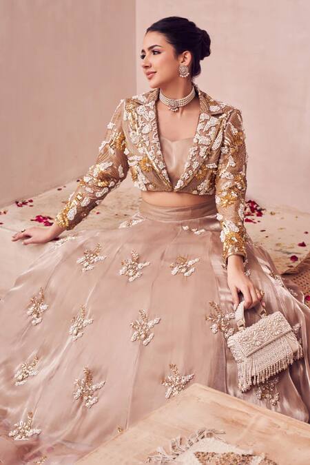 Swish By Dolcy And Simran Gold Organza Pearls, Sequins, Cut Work, Dreamscape Flora Embroidered Lehenga Set Online at Aza Fashions Swish By Dolcy And Simran_Gold Organza Pearls, Sequins, Cut Work, Dreamscape Flora Embroidered Lehenga Set _Online_at_Aza_Fashions