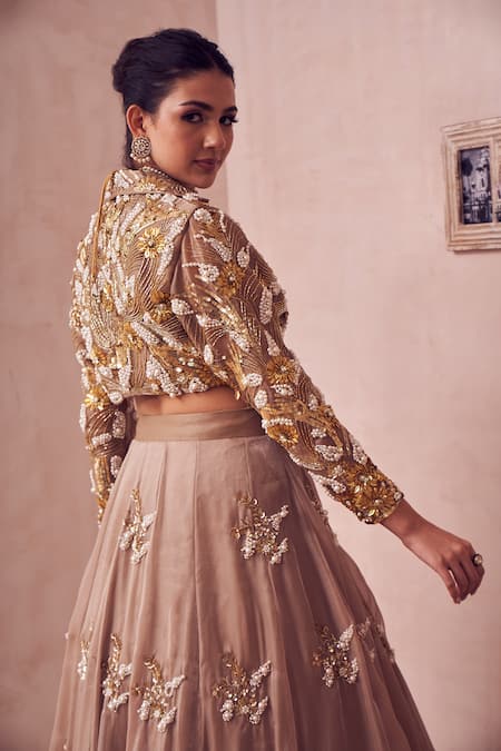 Shop Swish By Dolcy And Simran Gold Organza Pearls, Sequins, Cut Work, Dreamscape Flora Embroidered Lehenga Set Online at Aza Fashions Shop_Swish By Dolcy And Simran_Gold Organza Pearls, Sequins, Cut Work, Dreamscape Flora Embroidered Lehenga Set _Online_at_Aza_Fashions