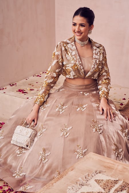 Swish By Dolcy And Simran Gold Organza Pearls, Sequins, Cut Work, Dreamscape Flora Embroidered Lehenga Set at Aza Fashions Swish By Dolcy And Simran_Gold Organza Pearls, Sequins, Cut Work, Dreamscape Flora Embroidered Lehenga Set _at_Aza_Fashions