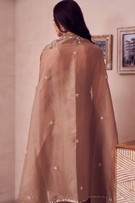 Buy Swish By Dolcy And Simran Gold Organza Crystals, Cut Bloom Embroidered Cape With Waterfall Drape Gown Online at Aza Fashions Buy_Swish By Dolcy And Simran_Gold Organza Crystals, Cut Bloom Embroidered Cape With Waterfall Drape Gown _Online_at_Aza_Fashions
