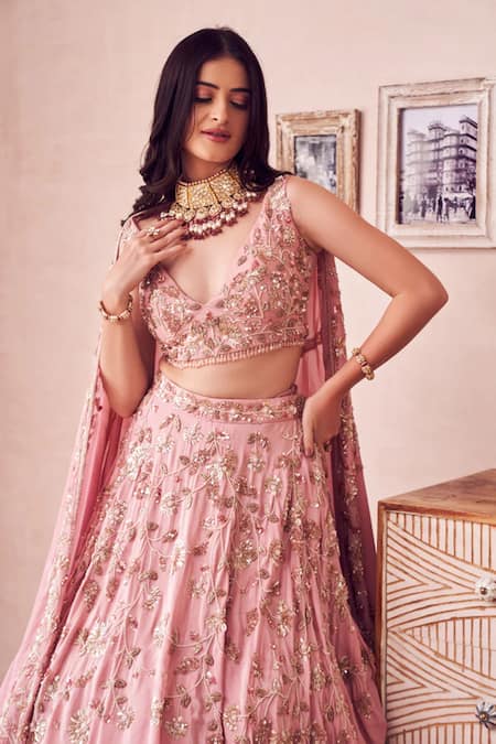 Swish By Dolcy And Simran Pink Crepe Beads, Sequins, Cut Floral Fountain Embroidered Bridal Lehenga Set Online at Aza Fashions Swish By Dolcy And Simran_Pink Crepe Beads, Sequins, Cut Floral Fountain Embroidered Bridal Lehenga Set _Online_at_Aza_Fashions