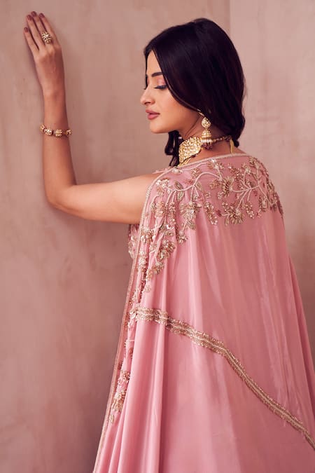 Shop Swish By Dolcy And Simran Pink Crepe Beads, Sequins, Cut Floral Fountain Embroidered Bridal Lehenga Set Online at Aza Fashions Shop_Swish By Dolcy And Simran_Pink Crepe Beads, Sequins, Cut Floral Fountain Embroidered Bridal Lehenga Set _Online_at_Aza_Fashions