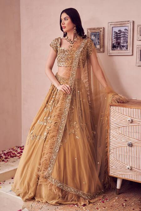 Swish By Dolcy And Simran Gold Net, Crepe Sequins, Beads, Bloomy Ambrosia Embroidered Bridal Lehenga Set Online at Aza Fashions Swish By Dolcy And Simran_Gold Net, Crepe Sequins, Beads, Bloomy Ambrosia Embroidered Bridal Lehenga Set _Online_at_Aza_Fashions