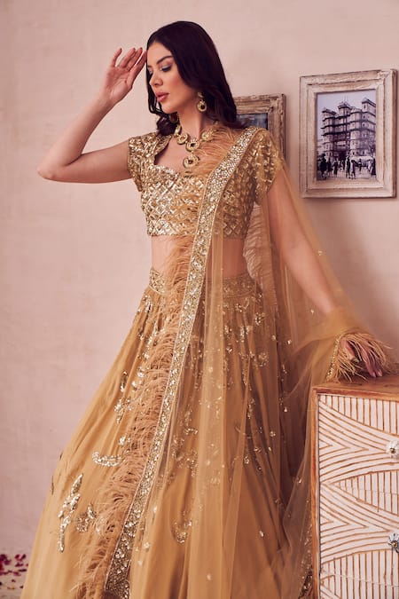Shop Swish By Dolcy And Simran Gold Net, Crepe Sequins, Beads, Bloomy Ambrosia Embroidered Bridal Lehenga Set Online at Aza Fashions Shop_Swish By Dolcy And Simran_Gold Net, Crepe Sequins, Beads, Bloomy Ambrosia Embroidered Bridal Lehenga Set _Online_at_Aza_Fashions
