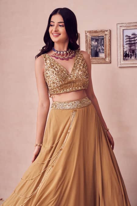 Buy Swish By Dolcy And Simran Gold Georgette Sequins, Marigold Layered Tassel Embellished Lehenga With Blouse Online at Aza Fashions Buy_Swish By Dolcy And Simran_Gold Georgette Sequins, Marigold Layered Tassel Embellished Lehenga With Blouse _Online_at_Aza_Fashions