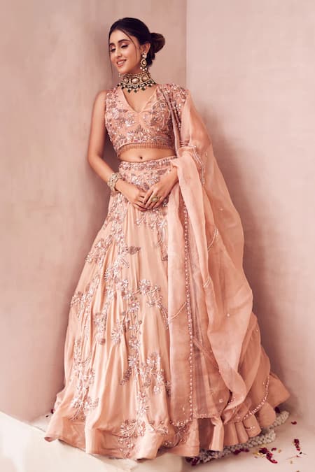 Swish By Dolcy And Simran Rose Gold Organza, Crepe Sequins, Haze Fleur Embroidered Bridal Lehenga Set Online at Aza Fashions Swish By Dolcy And Simran_Rose Gold Organza, Crepe Sequins, Haze Fleur Embroidered Bridal Lehenga Set _Online_at_Aza_Fashions