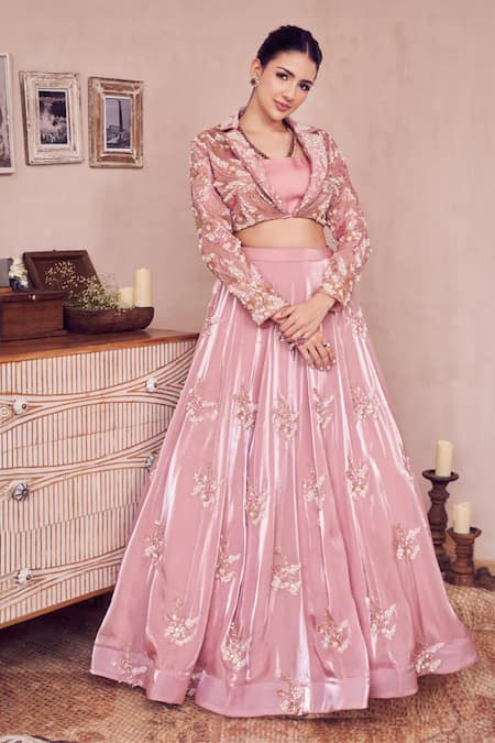 Swish By Dolcy And Simran Pink Glass Organza Lining Shantoon Embroidery Blossom Era Jacket Lehenga Set 