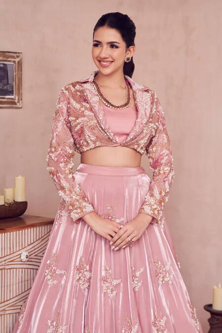 Swish By Dolcy And Simran Pink Silk, Organza Crystals, Cut Blossom Era Embroidered Jacket Lehenga Set Online at Aza Fashions Swish By Dolcy And Simran_Pink Silk, Organza Crystals, Cut Blossom Era Embroidered Jacket Lehenga Set _Online_at_Aza_Fashions