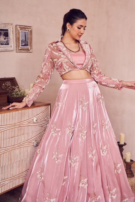 Buy Swish By Dolcy And Simran Pink Silk, Organza Crystals, Cut Blossom Era Embroidered Jacket Lehenga Set Online at Aza Fashions Buy_Swish By Dolcy And Simran_Pink Silk, Organza Crystals, Cut Blossom Era Embroidered Jacket Lehenga Set _Online_at_Aza_Fashions