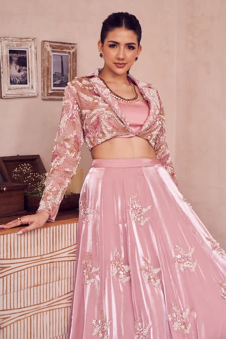Shop Swish By Dolcy And Simran Pink Silk, Organza Crystals, Cut Blossom Era Embroidered Jacket Lehenga Set Online at Aza Fashions Shop_Swish By Dolcy And Simran_Pink Silk, Organza Crystals, Cut Blossom Era Embroidered Jacket Lehenga Set _Online_at_Aza_Fashions