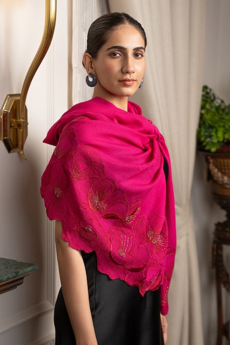 Mauli Cashmere_Pink Poppy Afair Bead Border Embroidered Stole_Online_at_Aza_Fashions