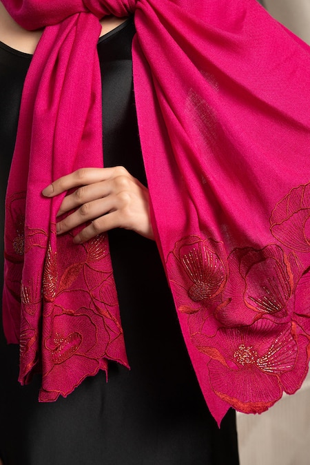 Buy_Mauli Cashmere_Pink Poppy Afair Bead Border Embroidered Stole_Online_at_Aza_Fashions