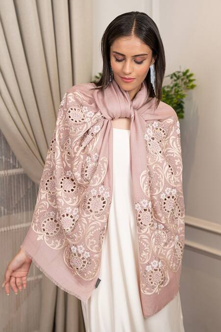 Mauli Cashmere_Brown Floral Crest Embroidered Stole_Online_at_Aza_Fashions