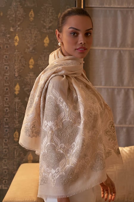 Mauli Cashmere_Beige Royal Crest Embroidered Stole_Online_at_Aza_Fashions