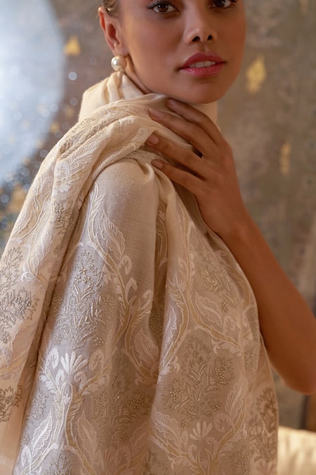 Buy_Mauli Cashmere_Beige Royal Crest Embroidered Stole_Online_at_Aza_Fashions